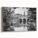 Landscape art painting of Bath, England on framed canvas, featuring colorful vintage-style depiction with black edges.