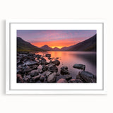 Textured abstract art print depicting a serene Cumbrian landscape in muted earth tones, framed with a white mat.