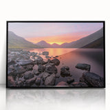 Large abstract wall art depicting a minimalist Cumbria landscape in muted earth tones, framed in black acrylic.