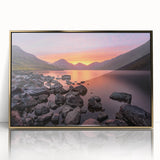 Art deco poster of Cumbria landscape in muted green and gold tones, framed acrylic, ideal for modern art wall decor.