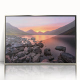 Mid-century modernist art of Cumbria landscape in muted earth tones, framed acrylic print.