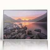 Mid-century modernist art depicting a serene Cumbrian landscape in muted green and blue tones, framed acrylic.