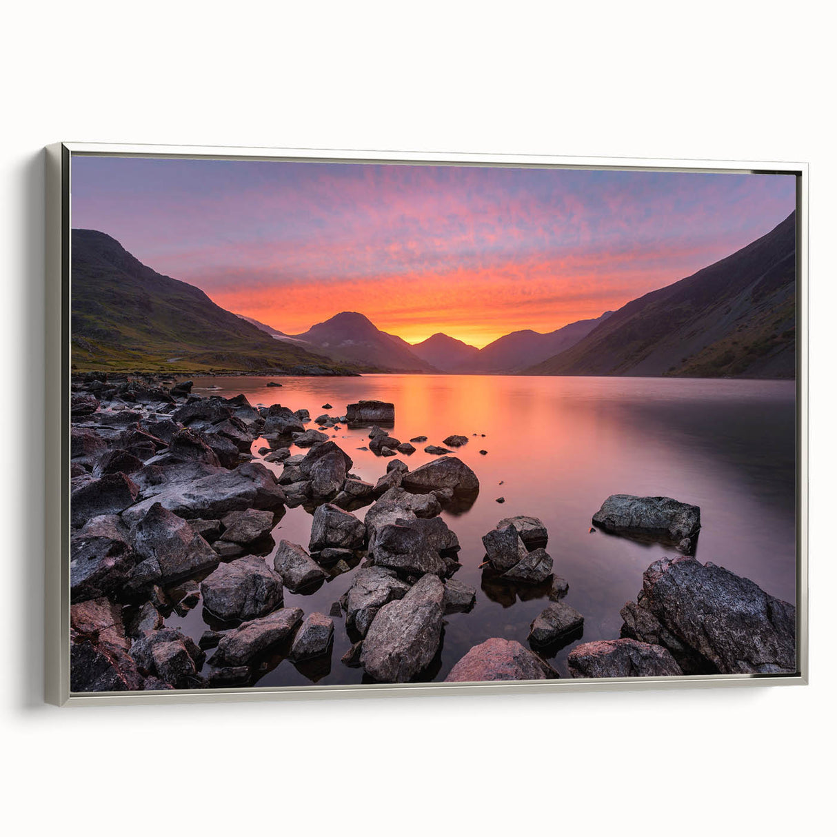 Landscape art painting of Cumbria, featuring muted green and brown tones on a framed canvas, suitable for living room decor.