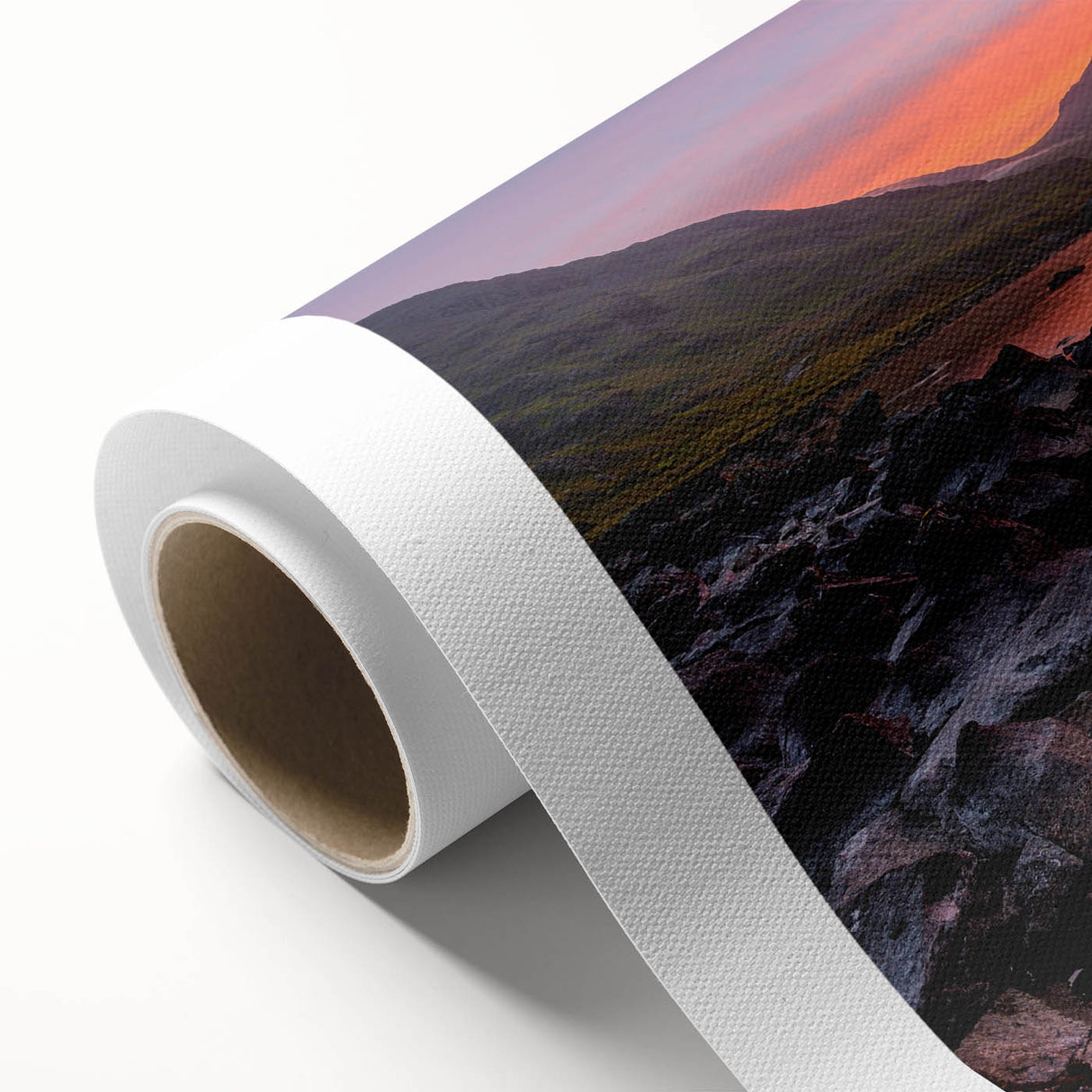 Art Deco poster of Cumbria landscape in muted green and blue tones on rolled canvas, ideal for nursery wall art.