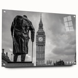 Acrylic print of London skyline in muted gray, ideal for dining room decor.