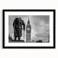 Extra large abstract art print of London scenery in vibrant colors on textured canvas, framed in black.