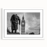 Textured art of abstract London skyline in muted gray and blue tones, framed with a white mat, ideal for bedroom art.