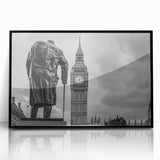 Large abstract wall art depicting the London skyline in black and white tones on a framed acrylic.