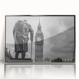 Large art print of London scenery in muted gray tones on silver-framed acrylic, suitable for modern art wall decor.