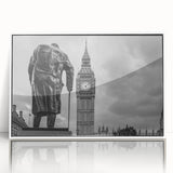 Mid-century modernist London skyline in muted blue and white tones on a framed acrylic, suitable for modern art wall decor.