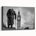 Black and white framed canvas of a vintage London landscape, ideal for bedroom wall art.