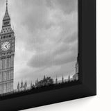 Extra large framed canvas of a textured London cityscape in black with colorful accents, ideal for living room decor.