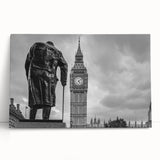 Black and white photo of the London skyline on large stretched canvas, ideal for kitchen wall art.