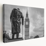 Large art depicting the London skyline in muted gray and blue tones on stretched canvas, suitable for kitchen wall art.