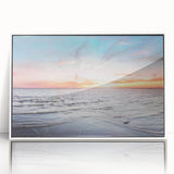 Mid-century modernist art of a European Estonian cityscape in muted colors on a framed acrylic.