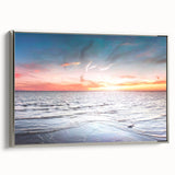 Framed canvas featuring a vintage-style landscape painting of a European scenery with vibrant green and blue tones.