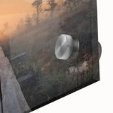 Large abstract wall art depicting a serene Finnish landscape in muted earth tones on acrylic glass.
