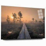 Large abstract wall art on acrylic glass depicting a serene Finnish landscape in muted blues and greens.