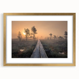 Abstract art print of a serene Finnish landscape in muted blue and gray tones on a framed gold mat.