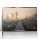 Mid-century modernist style large art print of a Finnish landscape in muted earth tones, framed in silver acrylic.