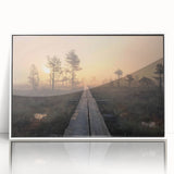 Mid-century modernist art depicting a serene Finnish landscape in muted green and blue tones on a framed acrylic panel.