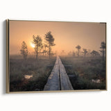 Framed canvas depicting a serene Finnish landscape in muted earth tones, ideal for bedroom wall art.