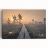 Black and white photograph of a serene Finnish landscape on large stretched canvas.