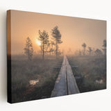 A serene European landscape in muted green and blue tones on a large stretched canvas, suitable for kitchen wall art.