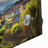 Large abstract wall art of the French Alps in muted earth tones on acrylic glass, ideal for dining room decor.