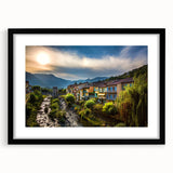 Colorful art print of the French Alps in abstract style with a textured finish on a large framed canvas.