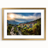 Abstract art print of the French Alps in muted earth tones on a framed canvas, suitable for dining room decor.