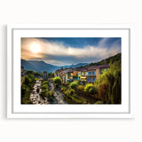 Textured art of the French Alps in abstract style, featuring muted earth tones on a framed white mat, ideal for bedroom art.