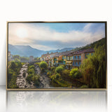 Framed acrylic print of the French Alps in muted earth tones, ideal for modern art wall decor in a living room.