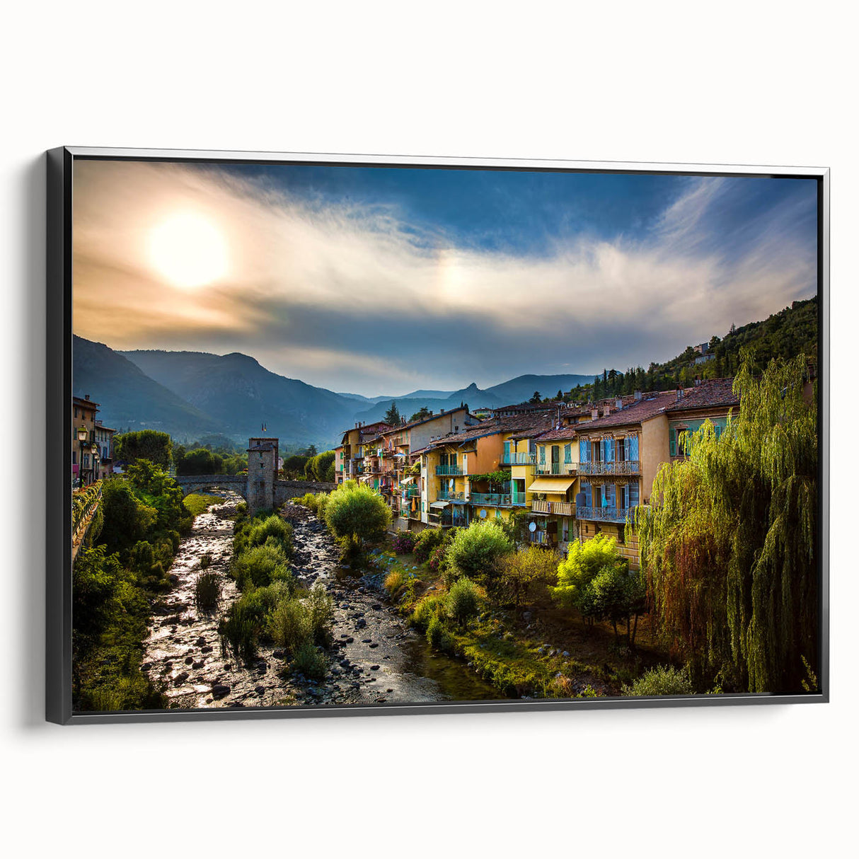 Black and white wall art featuring the French Alps on a framed canvas, suitable for bedroom decor.