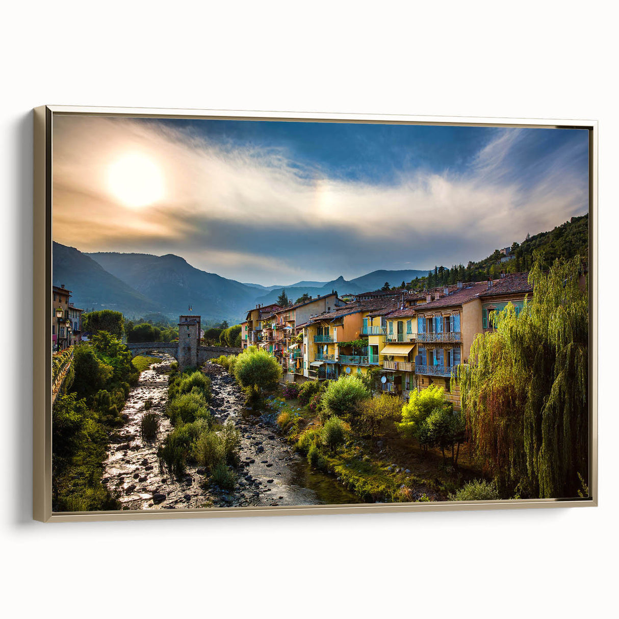 Framed canvas depicting the French Alps landscape in vintage poster style, featuring muted earth tones.