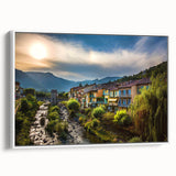 Vintage poster art of the French Alps in colorful hues on a framed canvas, ideal for living room decor.