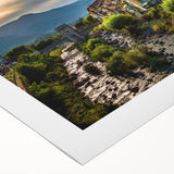 Art deco poster of the French Alps in muted blue and white tones on rolled canvas, suitable for dining room wall art.