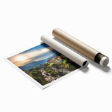 Rolled print of the French Alps with muted green and blue tones, ideal for classy bathroom wall art.