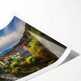 Extra large wall art featuring line art flowers over a French Alps scenery backdrop, printed on rolled canvas.