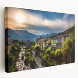 French Alps landscape on stretched canvas, featuring muted earth tones, ideal for kitchen wall art.