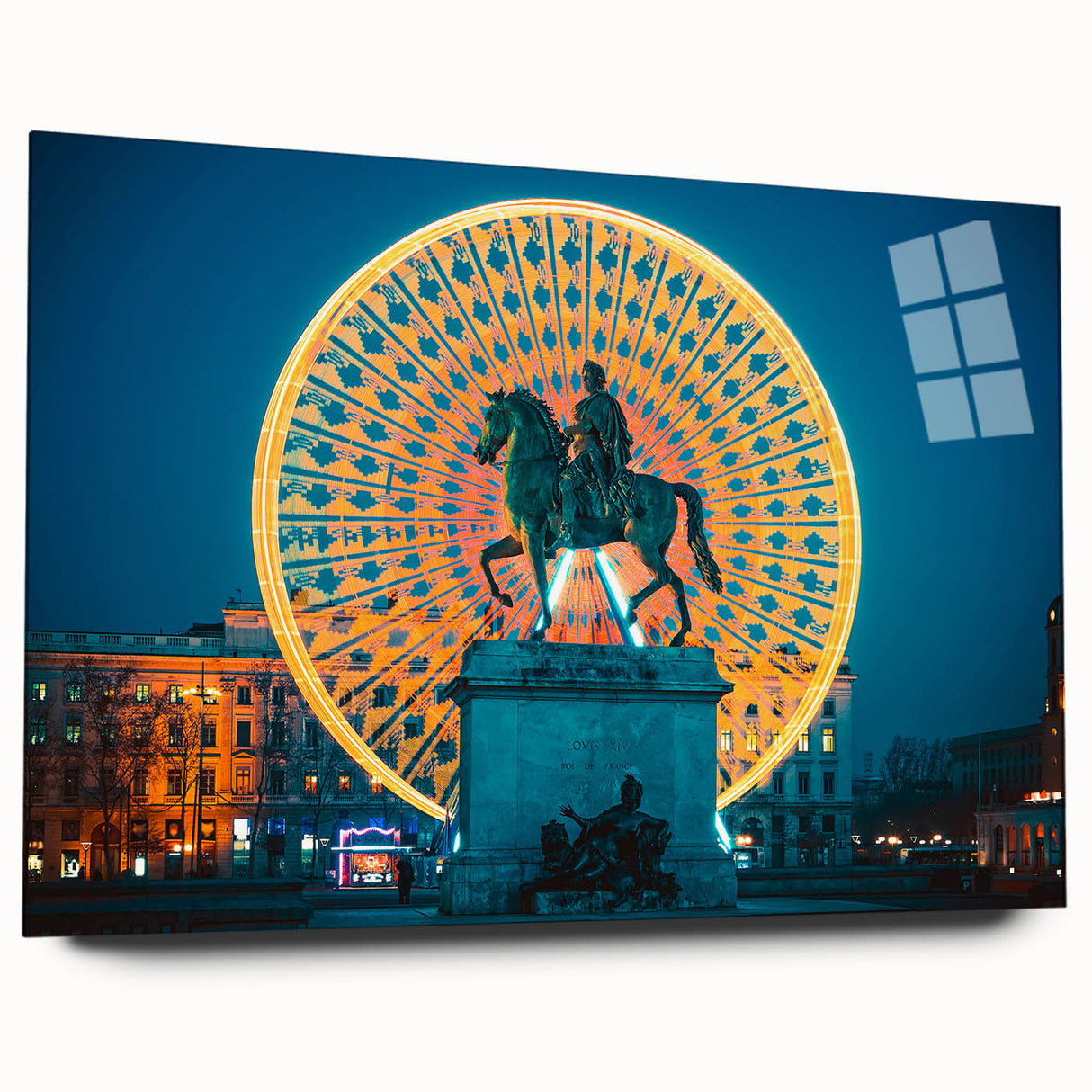 Large abstract wall art of Lyon cityscape in muted blue and grey tones on acrylic glass.