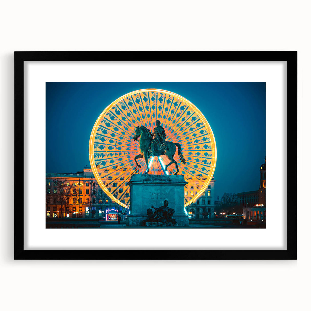 Extra large, textured abstract art print of a colorful Lyon cityscape, set in a black frame, ideal for living room decor.