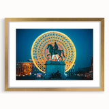 Abstract art print of Lyon with vibrant twilight hues on a framed gold mat, ideal for dining room decor.