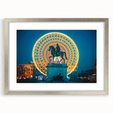 Extra large abstract art print of Lyon scenery in textured silver frame, using vibrant twilight hues.