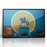 Large abstract wall art depicting a vibrant Lyon cityscape in mid-century modernist style, framed in black acrylic.