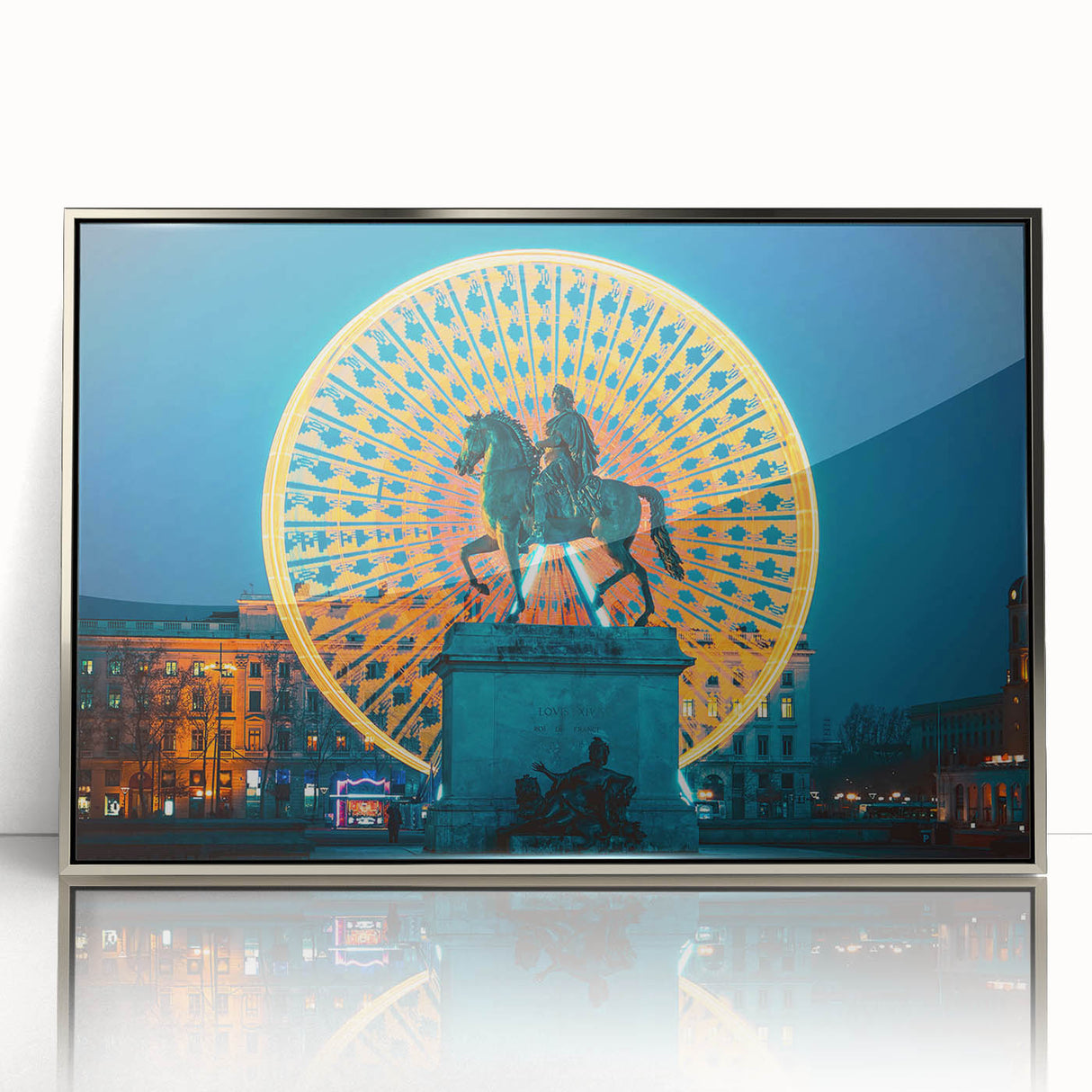 Large art print of Lyon, France with muted earth tones, framed in silver acrylic, in a mid-century modernist style.