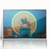 Mid-century modernist art depicting Lyon, France in muted colors on a framed acrylic print.