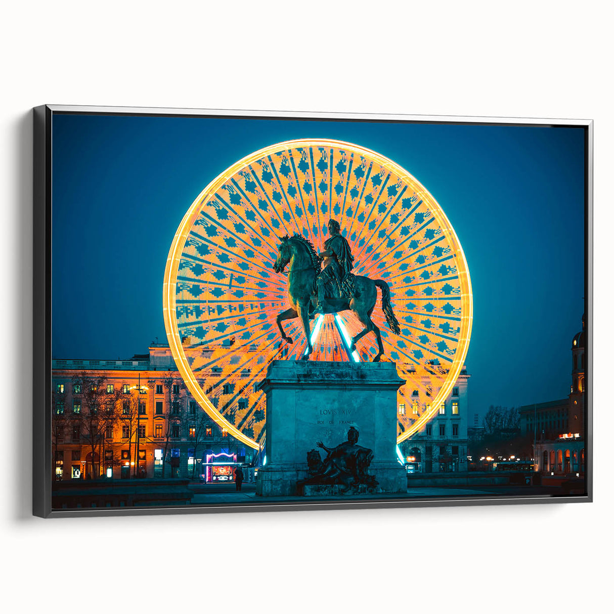 Black and white framed canvas of Lyon landscape, featuring vintage poster art style, ideal for bedroom decor.