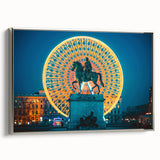 Landscape art painting of Lyon, featuring colorful vintage-style imagery on a black background, framed in silver.