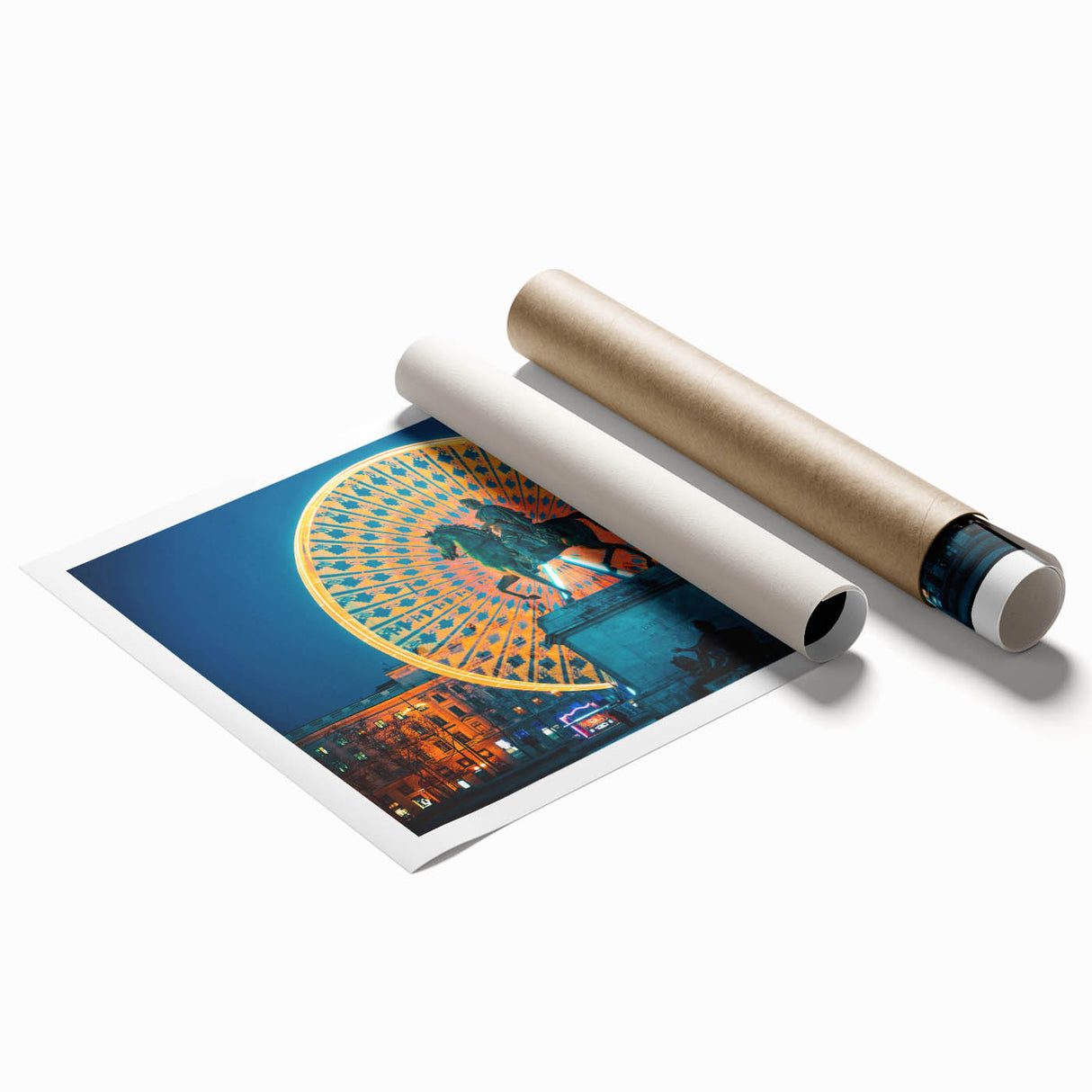 Extra large rolled print of Lyon, France scenery with vibrant floral elements.